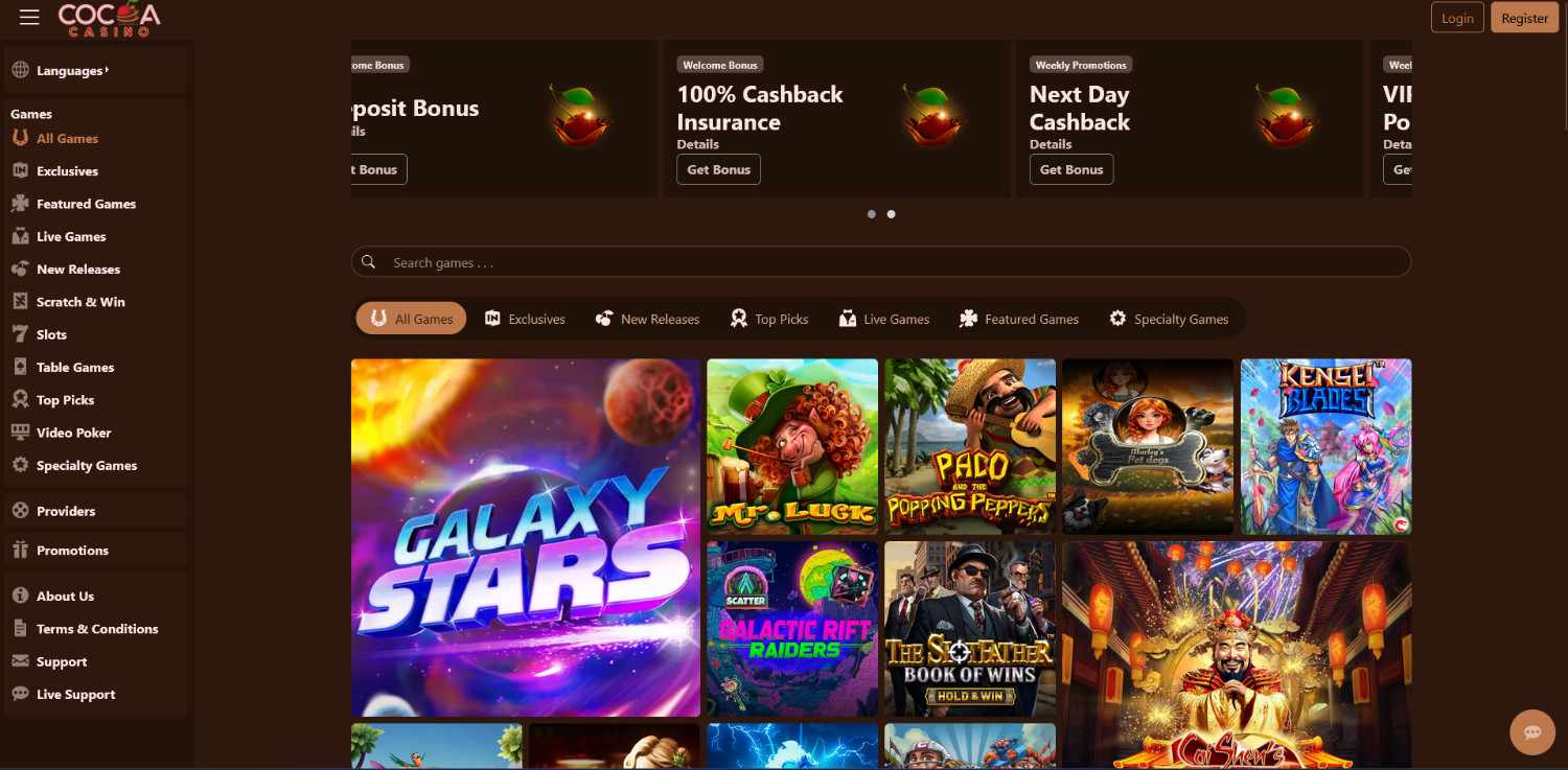 Cocoa Casino homepage showing its bonus tiles above the game selection