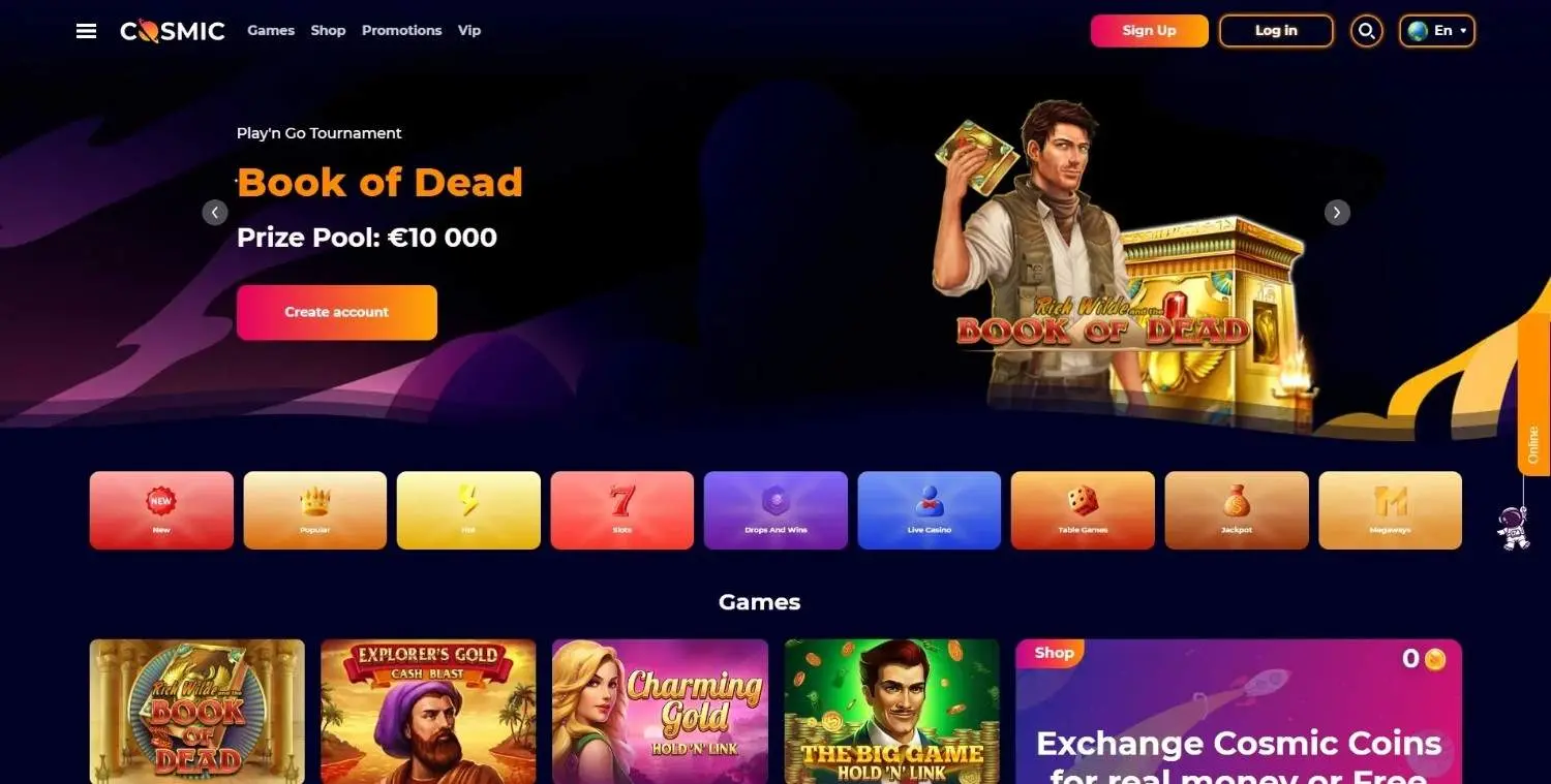 CosmicSlot home page showing a slot tournament promotion and its game category tiles