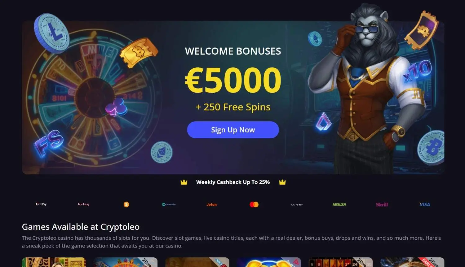 CryptoLeo homepage showing its crypto-first casino lobby
