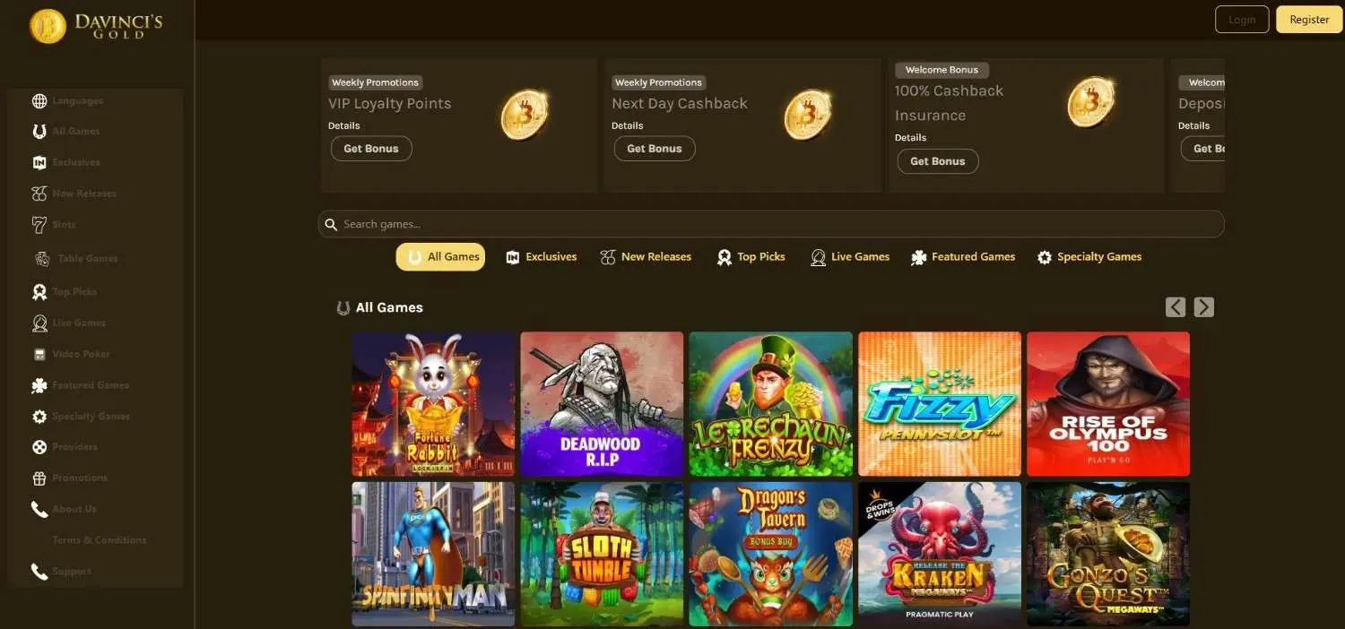 Da Vincis Gold homepage showing its Rival game lobby above the welcome deposit promotion