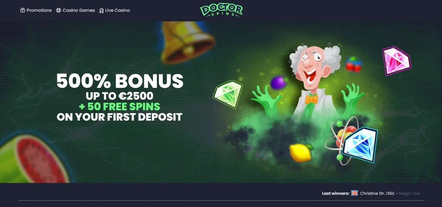Doctor Spins homepage showing its 500% welcome bonus above the casino lobby