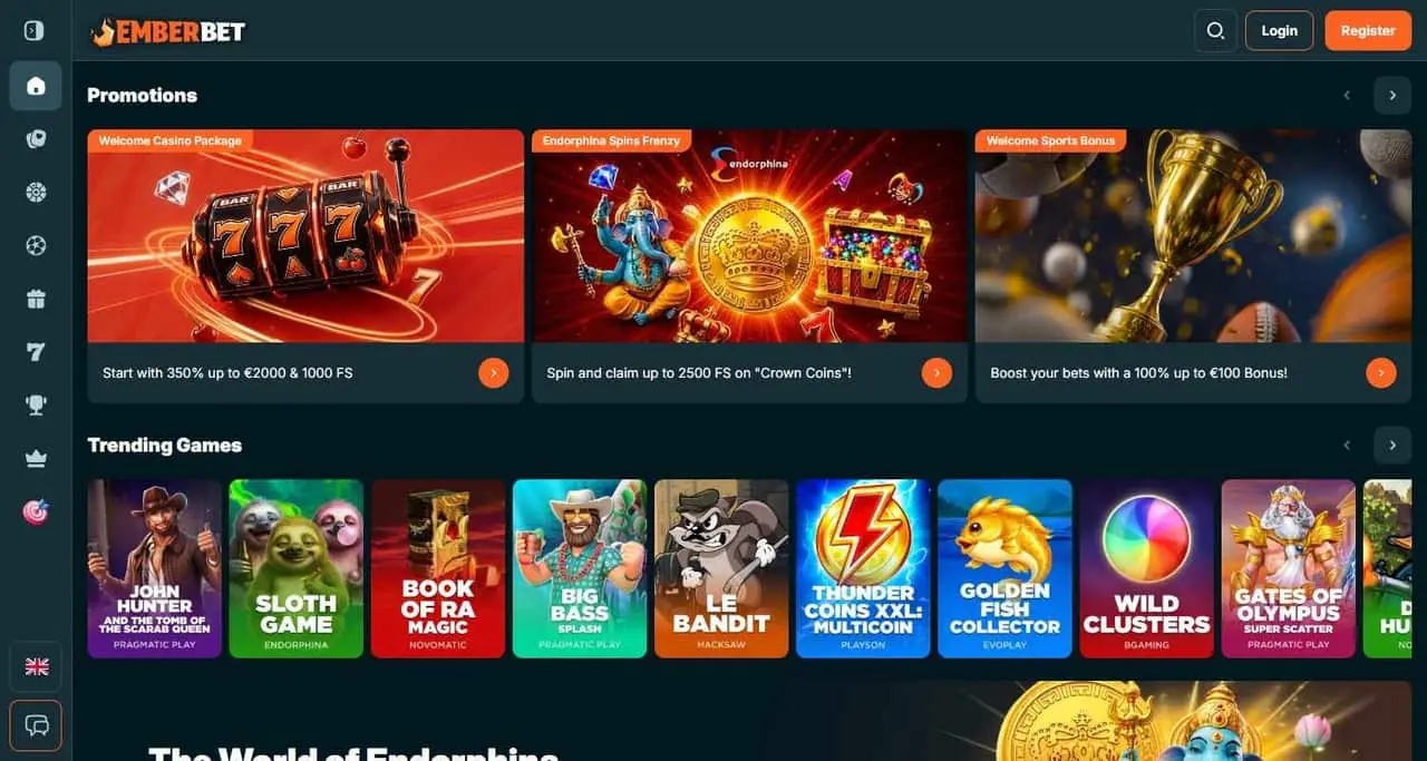 EmberBet home page showing its welcome casino package and trending games