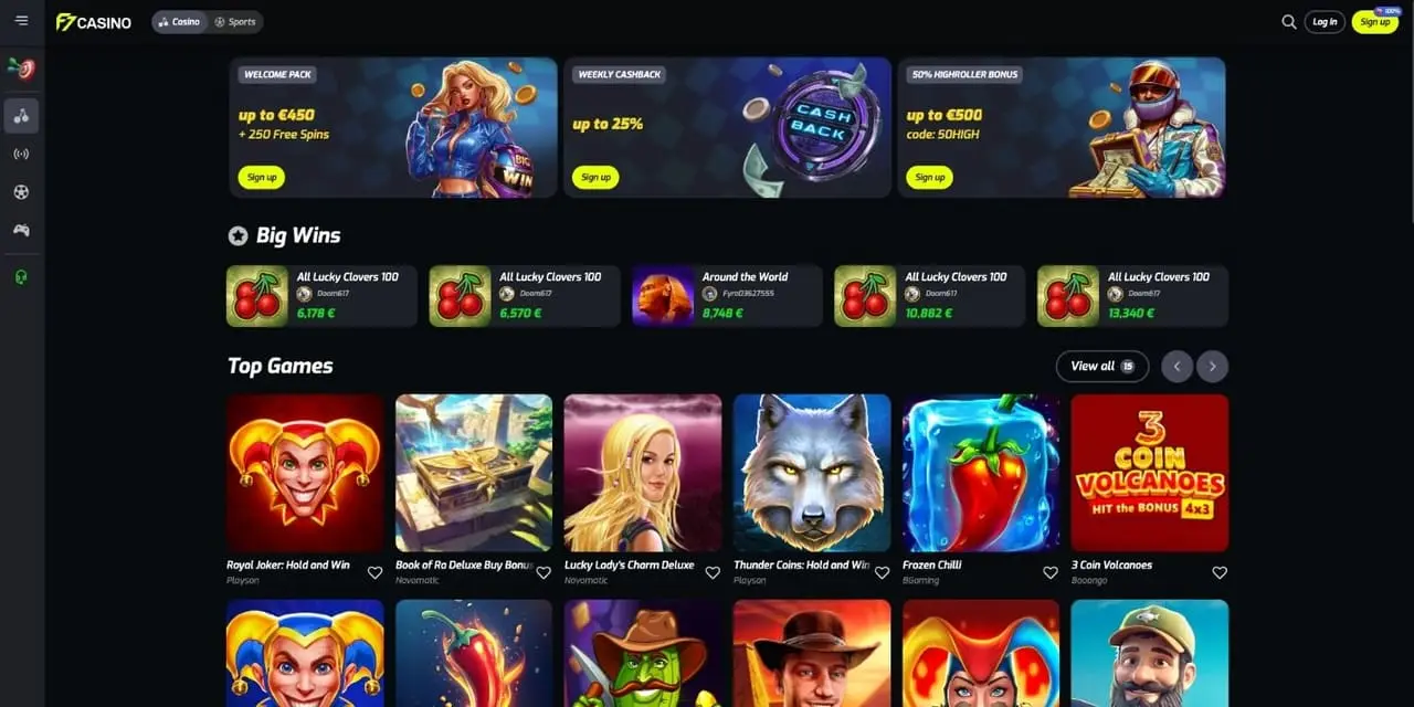 F7 Casino homepage showing its slot lobby and welcome offer
