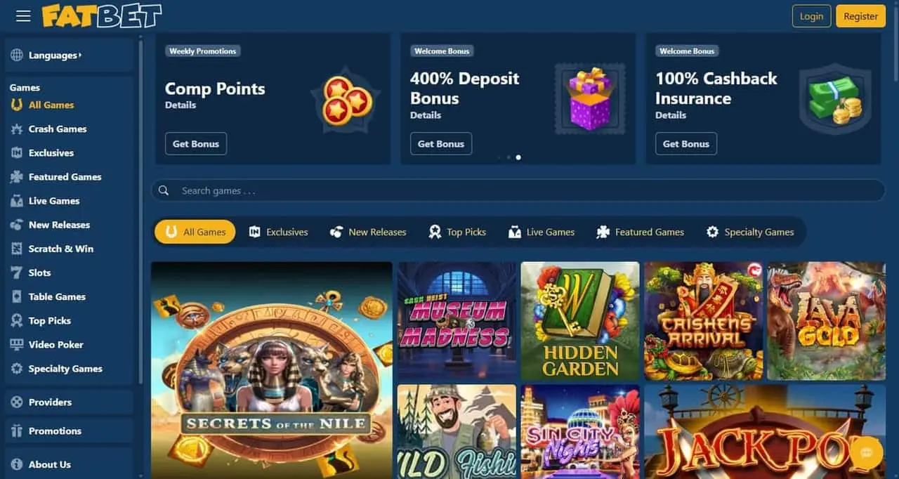 FatBet homepage showing the 400% deposit bonus and cashback insurance tiles above its game grid