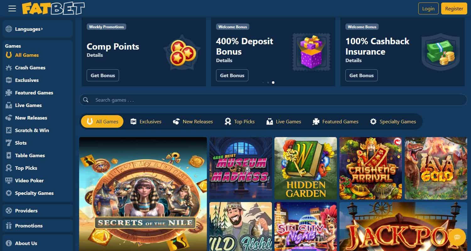 FatBet home page showing its 400% deposit bonus and game lobby