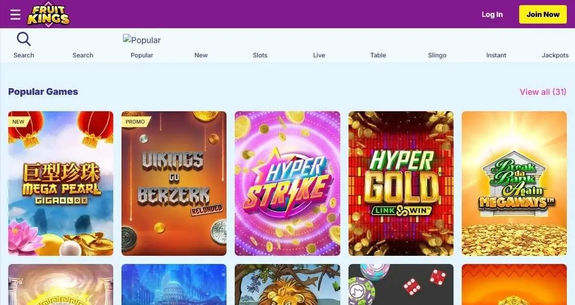 FruitKings home page showing its popular games grid and navigation