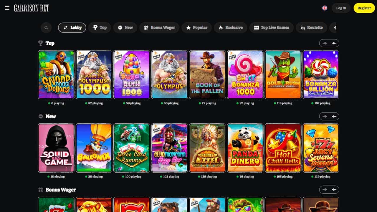 GarrisonBet homepage showing its casino lobby and welcome offer