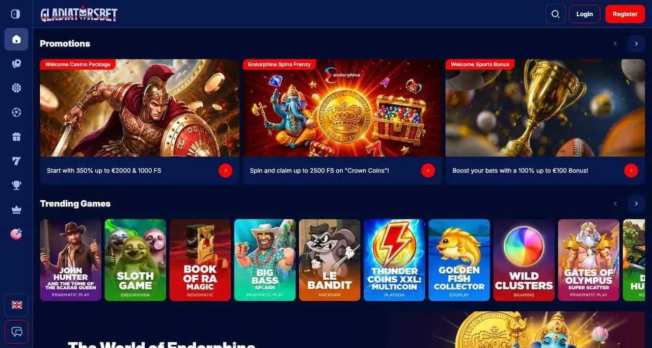 GladiatorsBet home page showing its welcome casino package and trending games