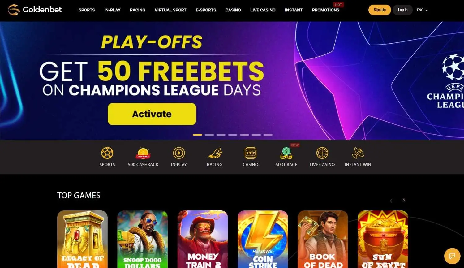 Goldenbet home page showing its Champions League free bets offer and sports sections