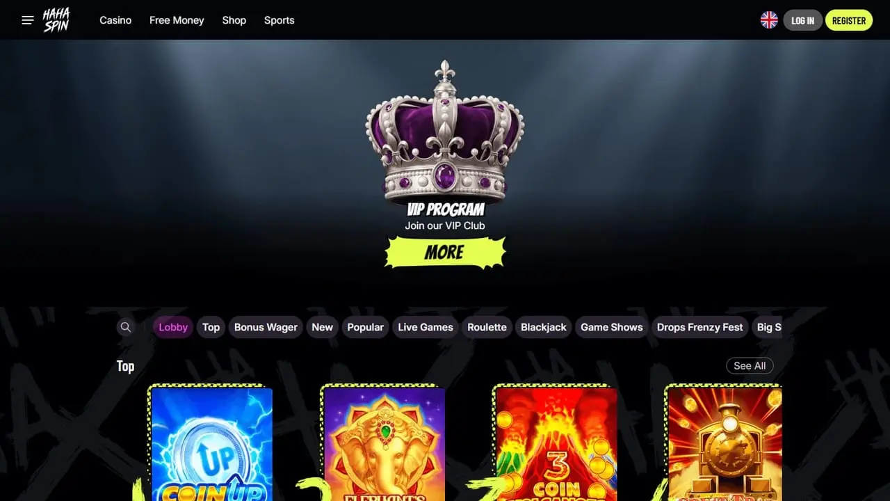 HahaSpin homepage showing its game catalogue and welcome package