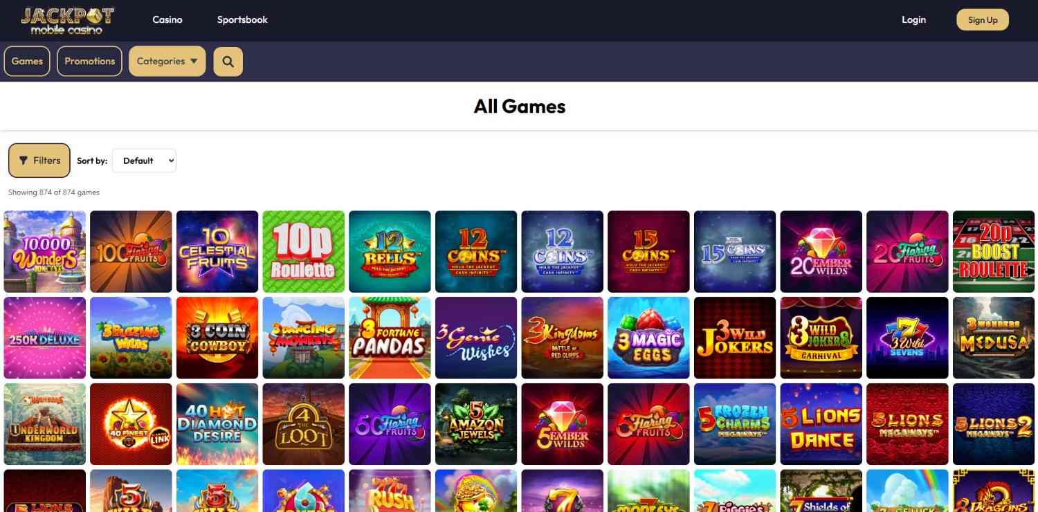 Jackpot Mobile Casino homepage showing its mobile-first lobby