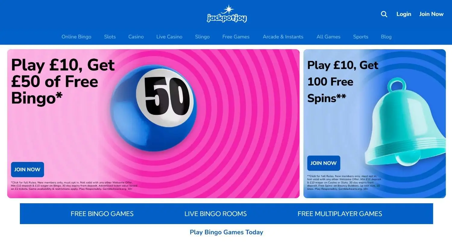 Jackpotjoy homepage showing its bingo and slots lobby