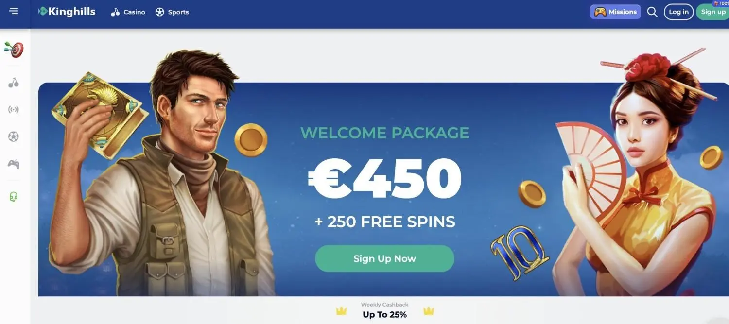 Kinghills homepage showing its casino and sportsbook navigation