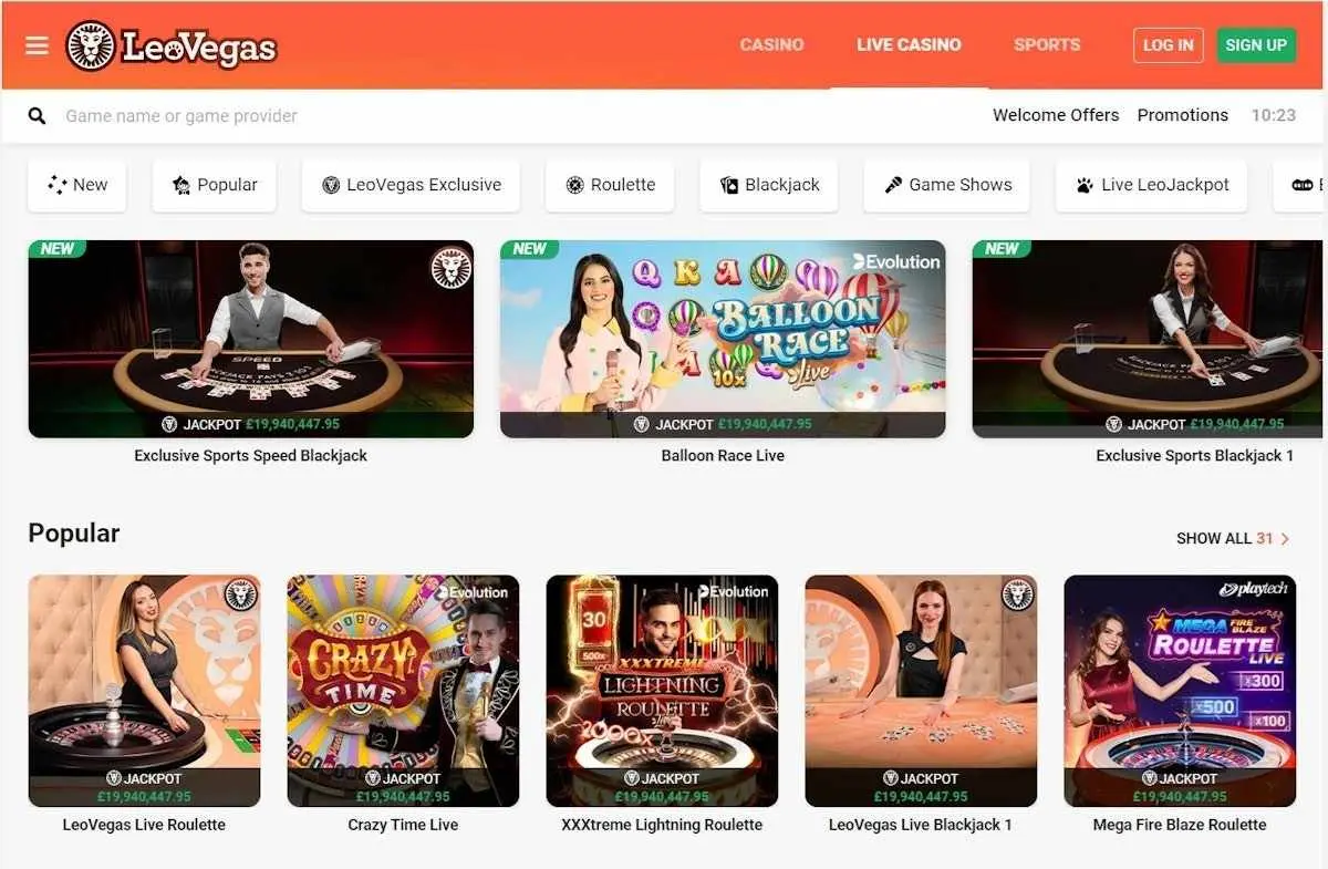LeoVegas homepage showing its slot lobby and free spins offer