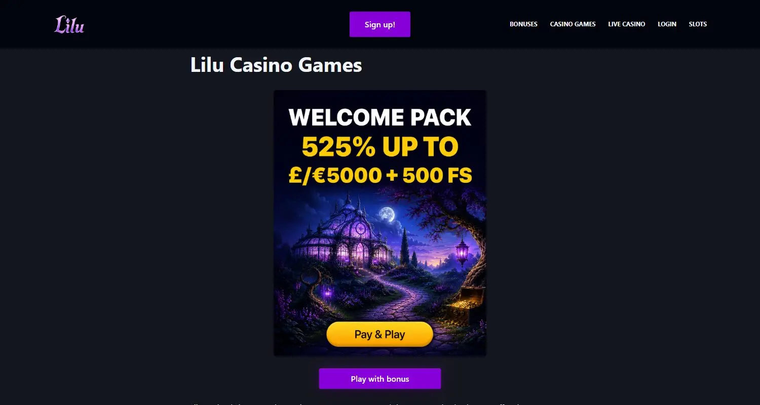 Lilu Casino home page showing its welcome pack and game navigation