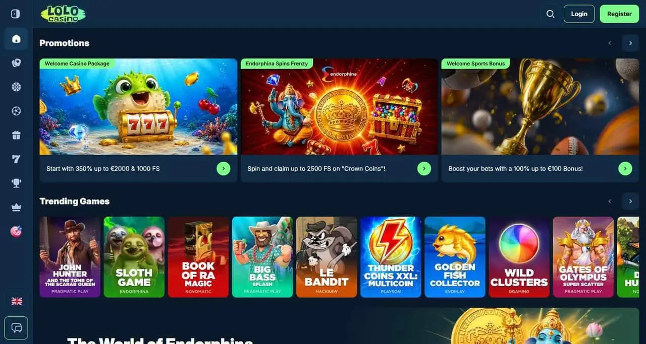 LoloCasino home page showing its welcome casino package and trending games