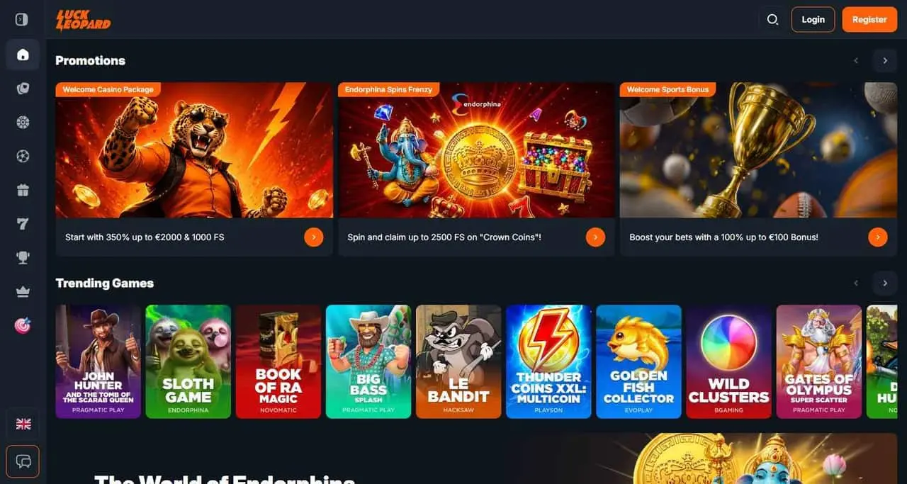 LuckLeopard home page showing its welcome casino package and trending games