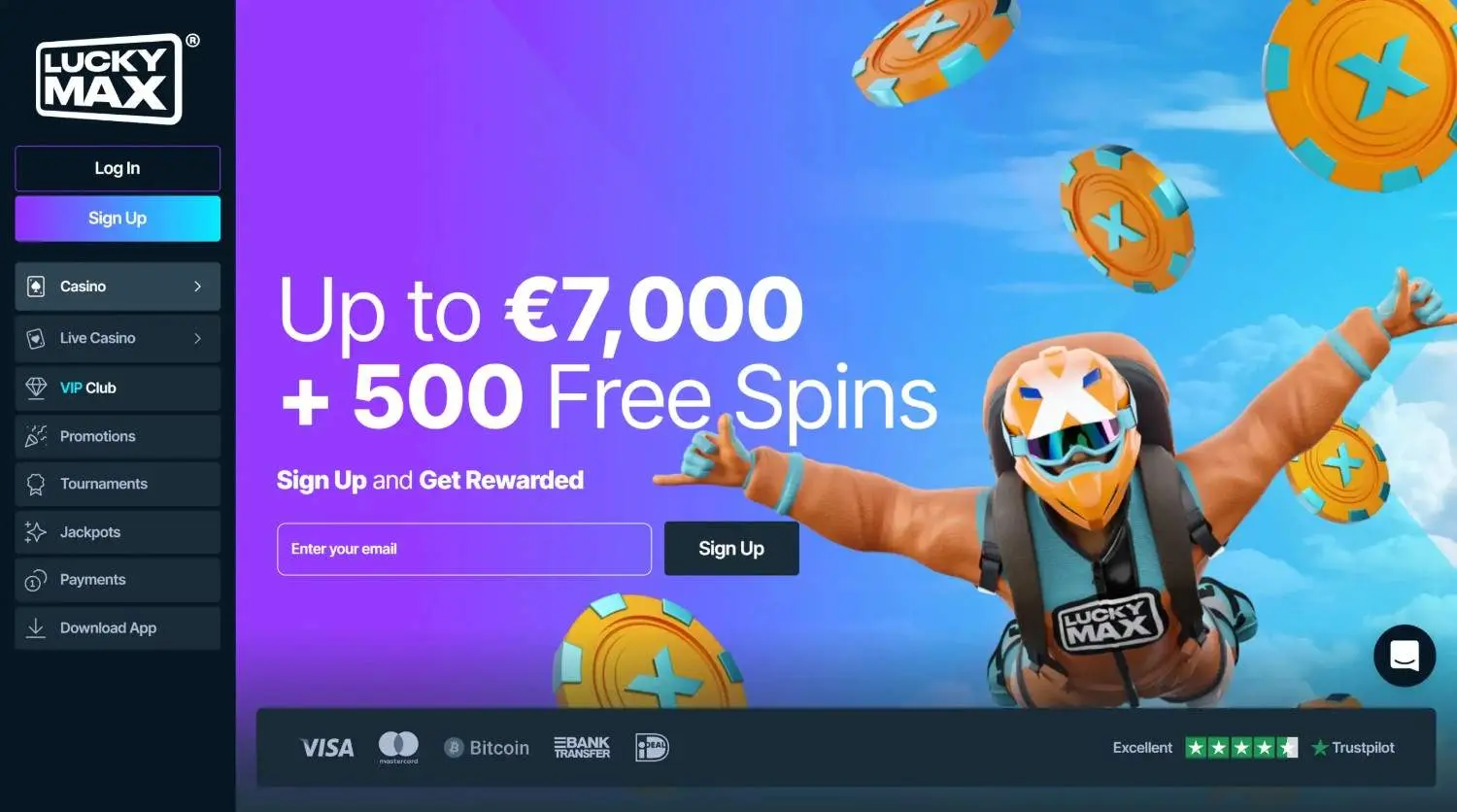 Lucky Max homepage showing its welcome package above the featured games