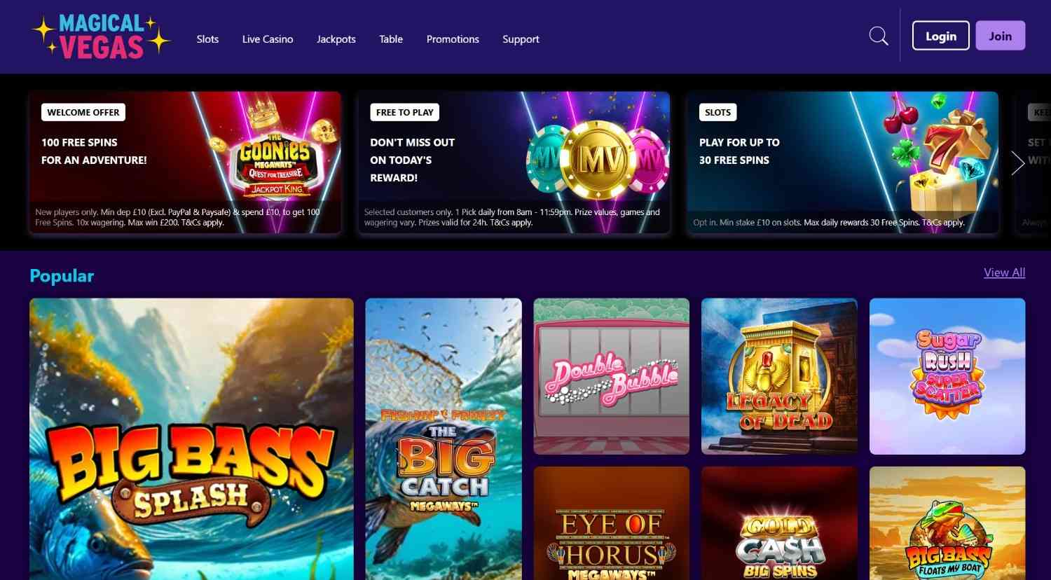 Magical Vegas homepage showing its slots and welcome offer