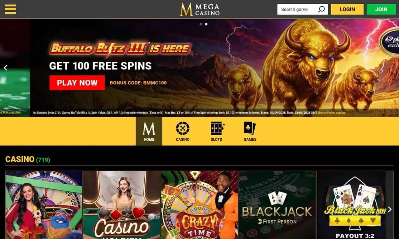 Mega Casino homepage