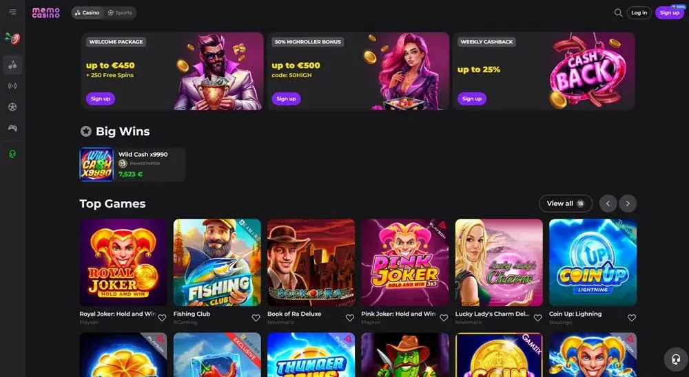 MemoCasino homepage showing its welcome package and game lobby