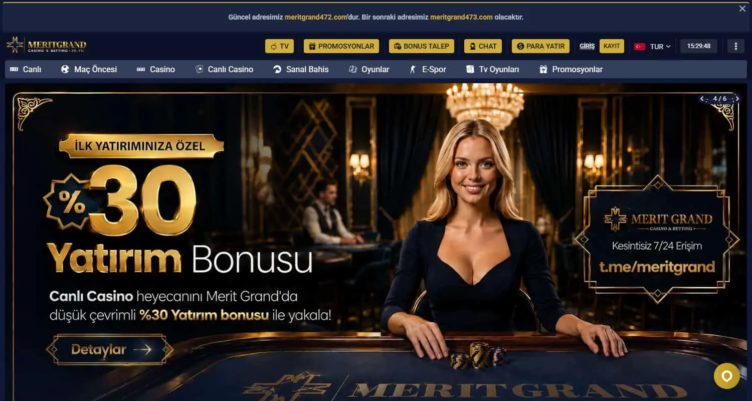 MeritGrand homepage showing its live casino deposit bonus and Turkish navigation