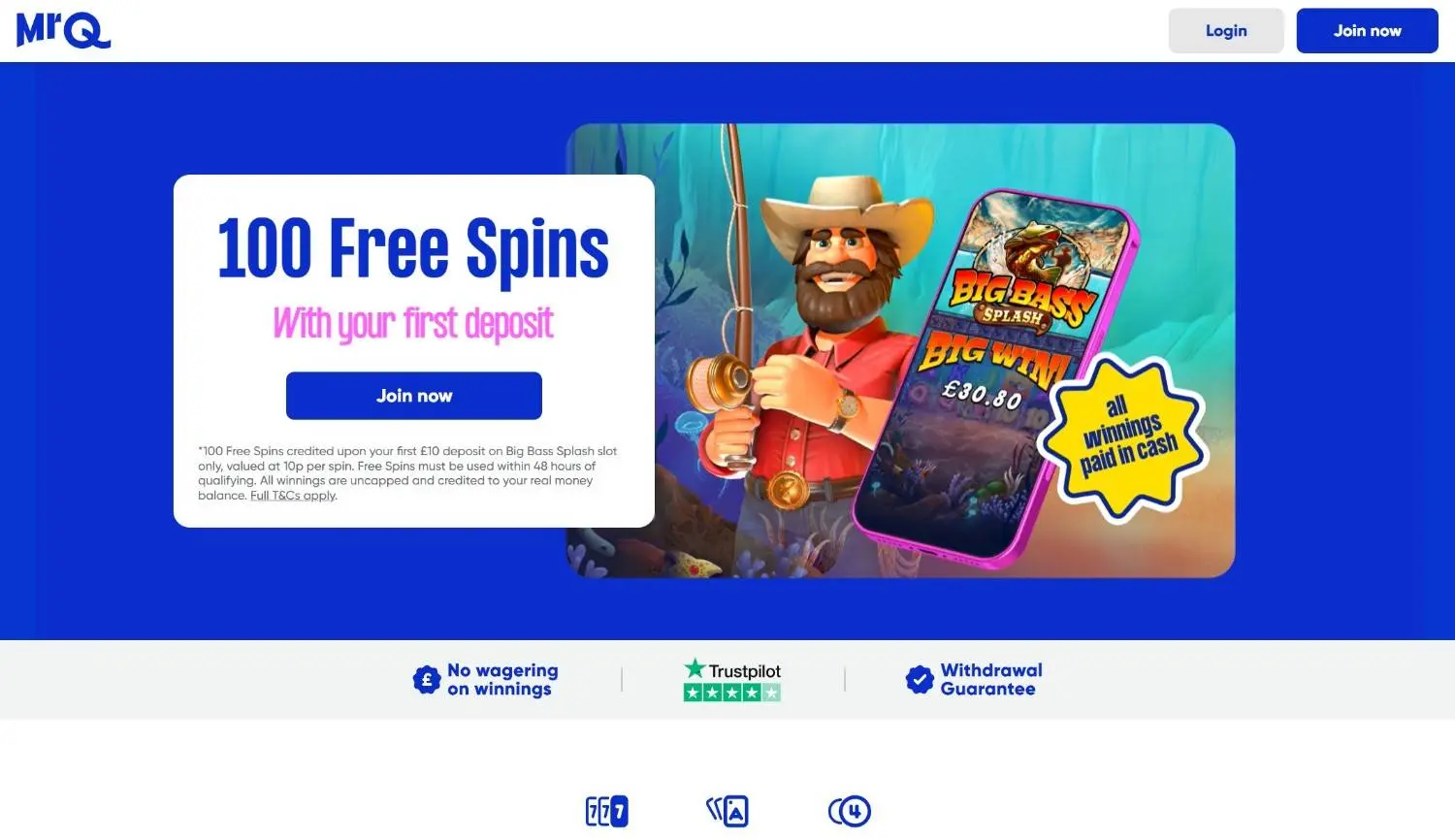 MrQ homepage showing its casino lobby and free spins offer