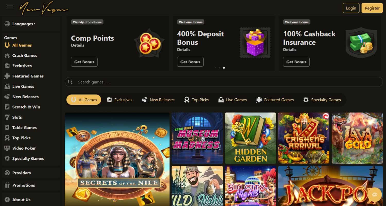 New Vegas home page showing its 400% deposit bonus and game lobby