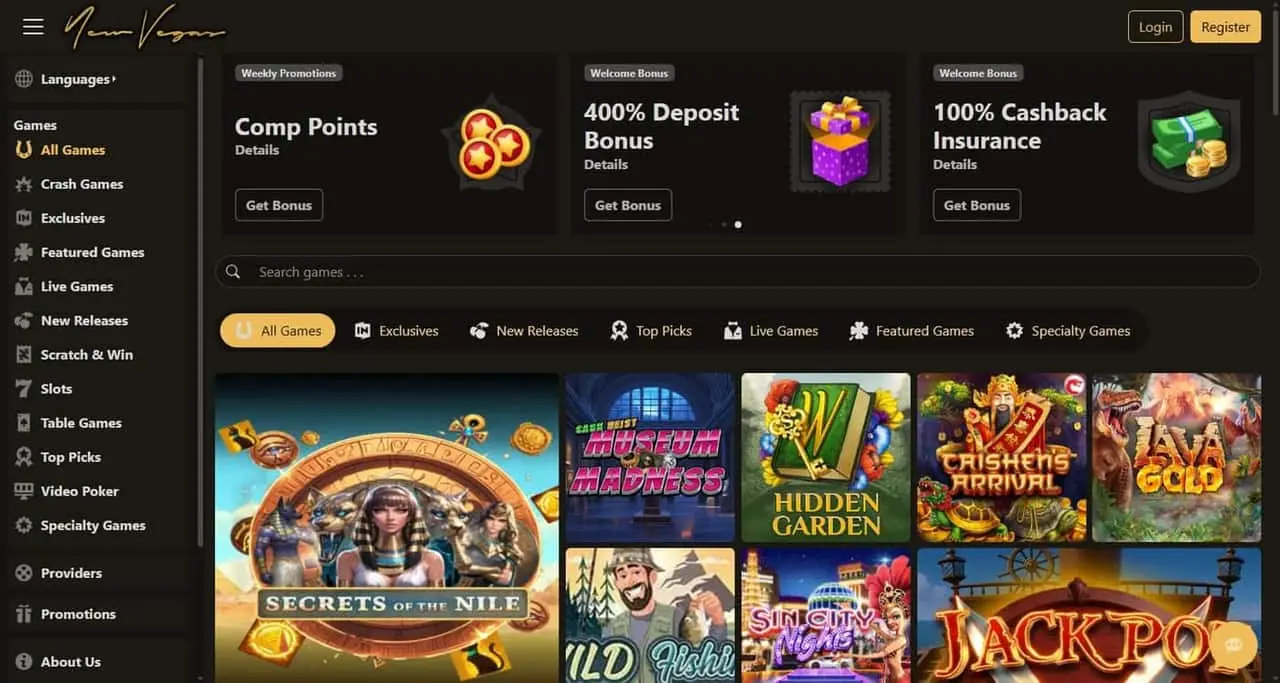 New Vegas homepage showing its 400% deposit offer above the casino lobby