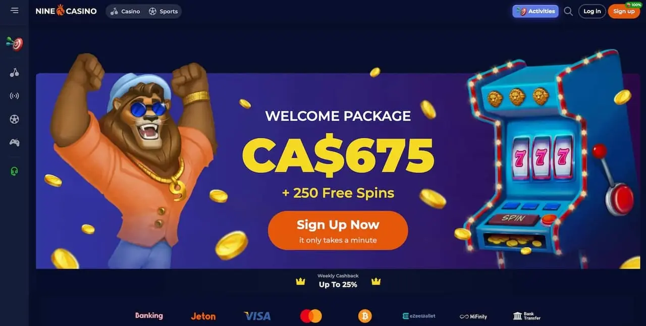 Nine Casino homepage showing its game lobby and welcome package