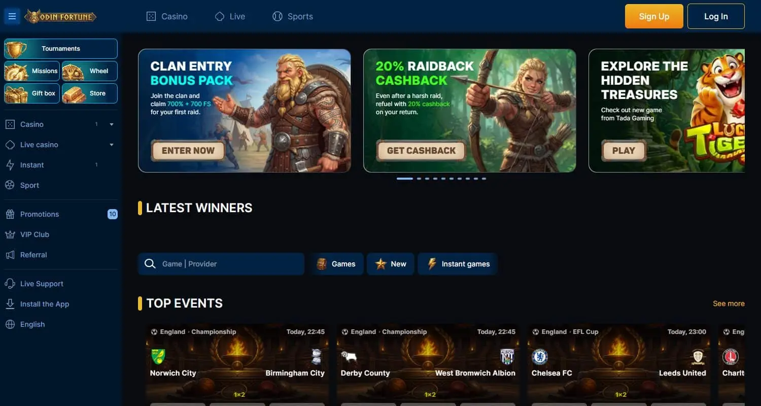 Odin Fortune home page showing its clan entry bonus and sports events