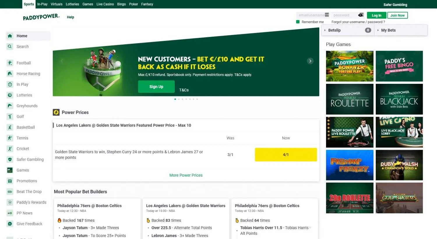 Paddy Power home page showing its sportsbook and games sections