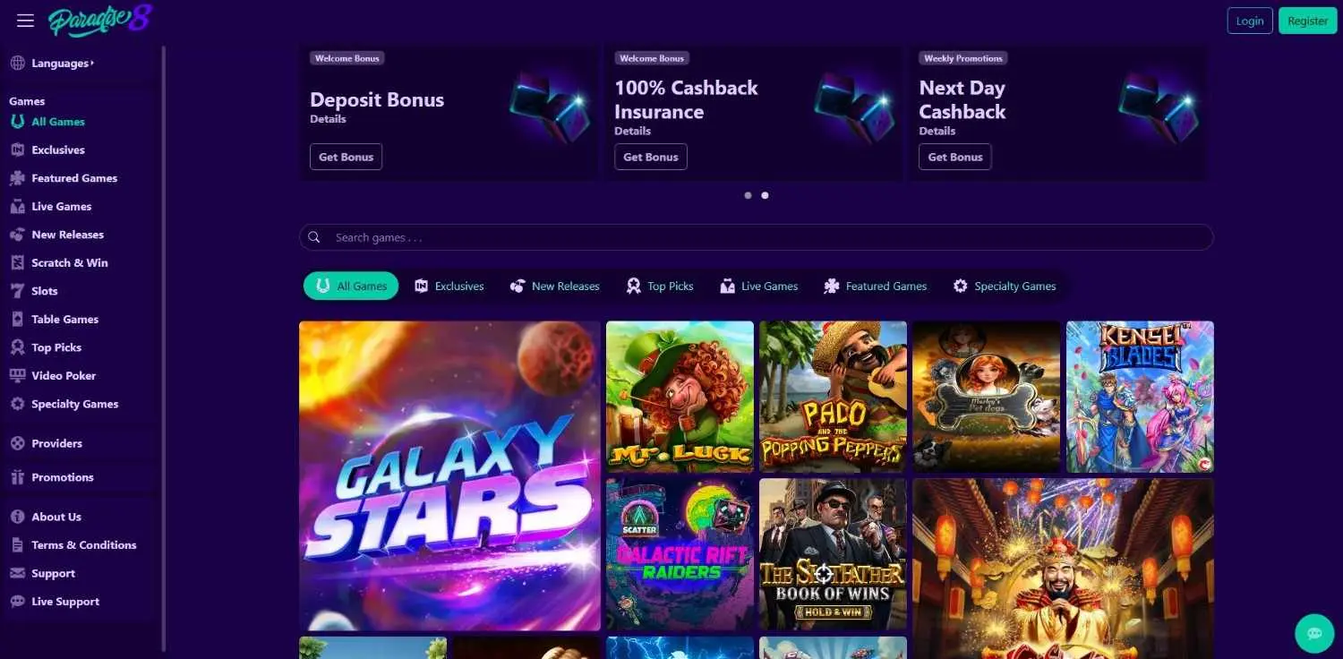 Paradise 8 homepage showing its welcome promotion above the featured slots row