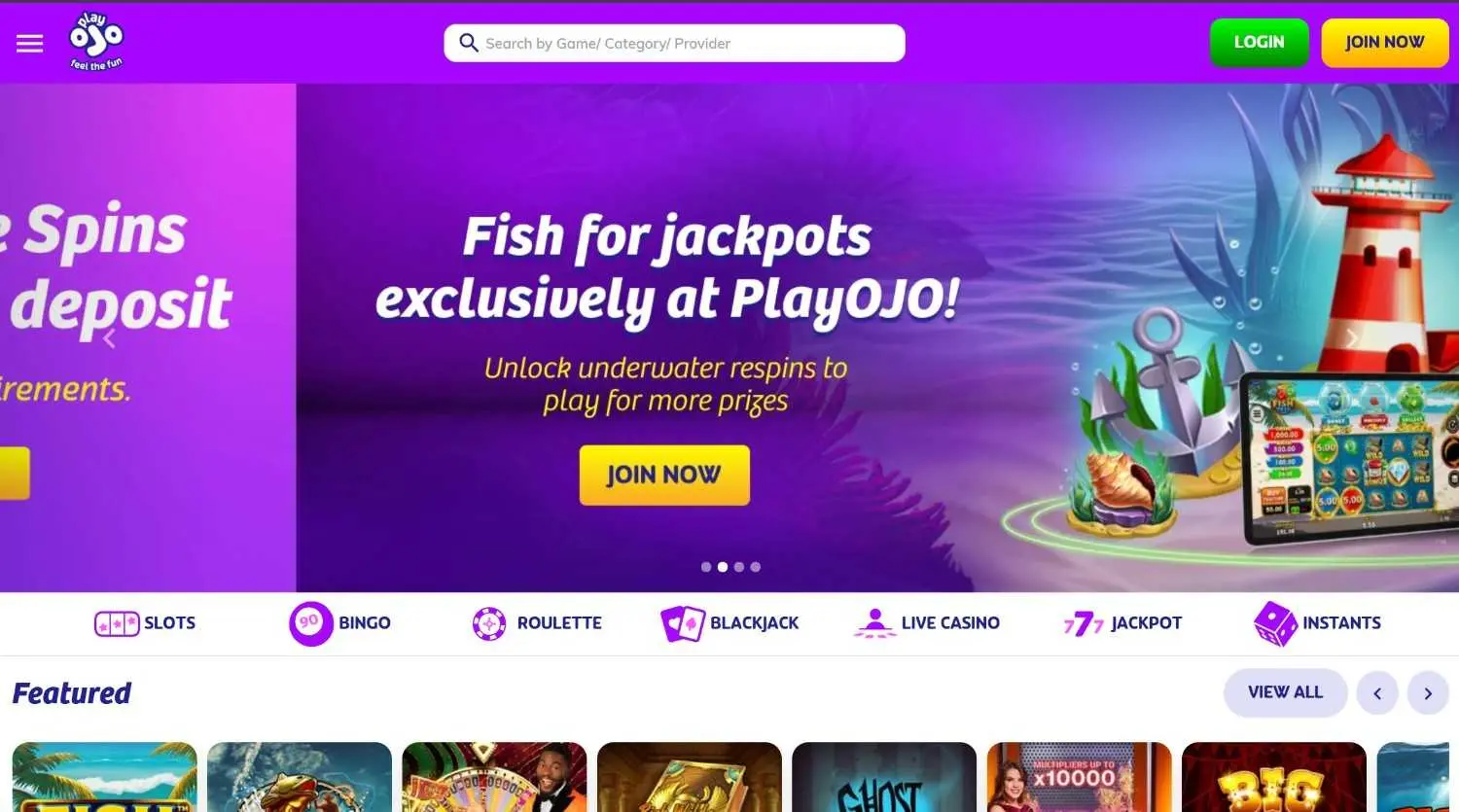 PlayOJO homepage showing its slot lobby and zero-wagering offer