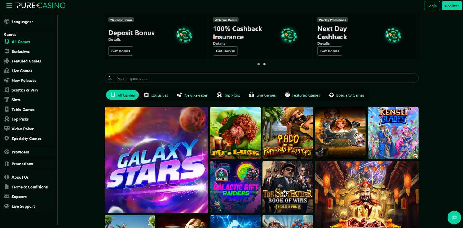 Pure Casino home page showing its welcome bonus cards and game lobby