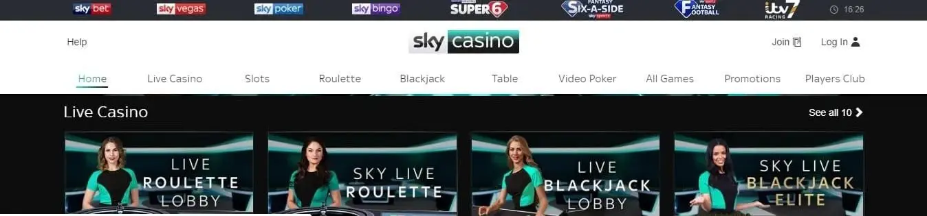 Sky Casino home page showing its live casino and table game navigation