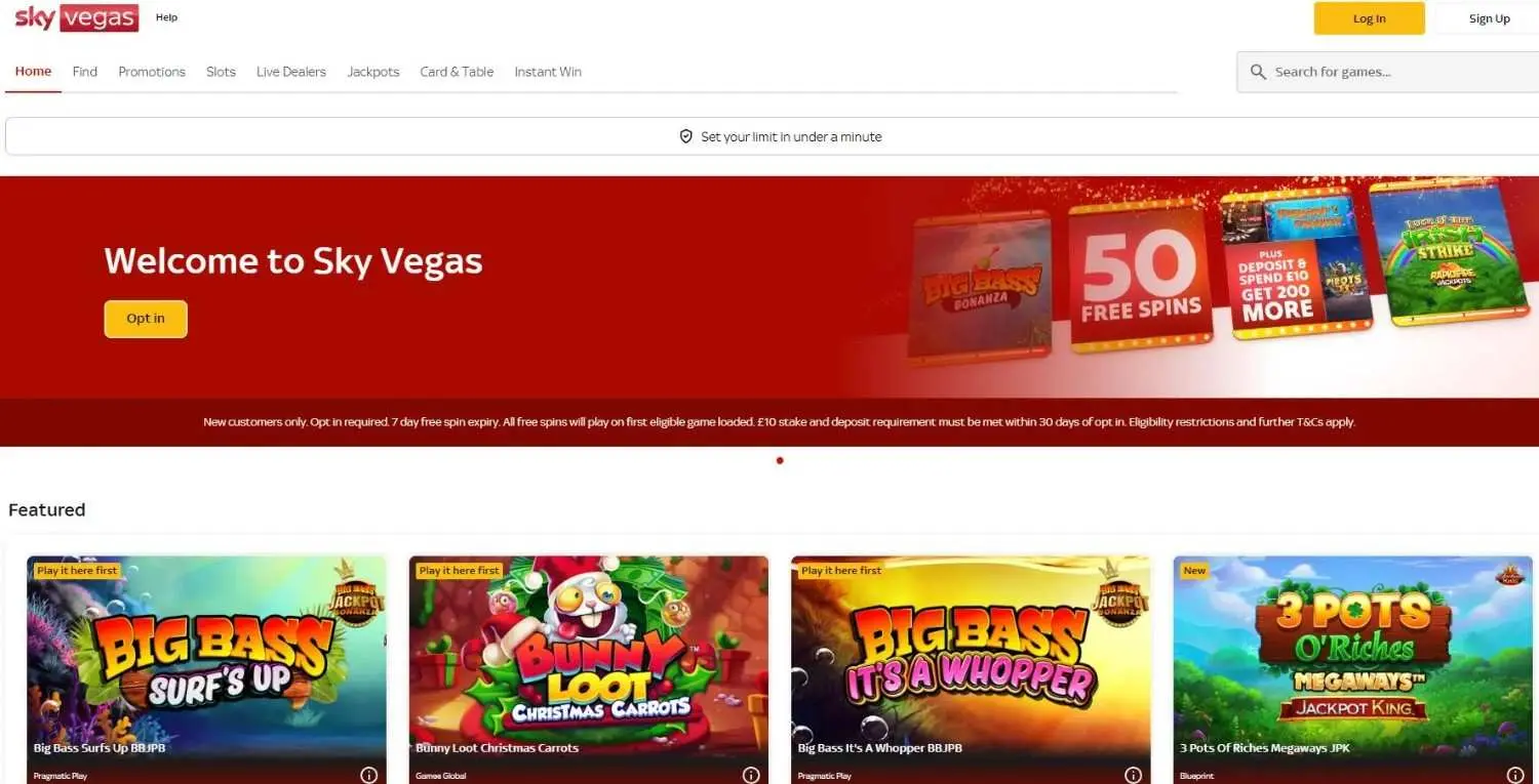 Sky Vegas homepage showing its slot lobby and welcome promotion