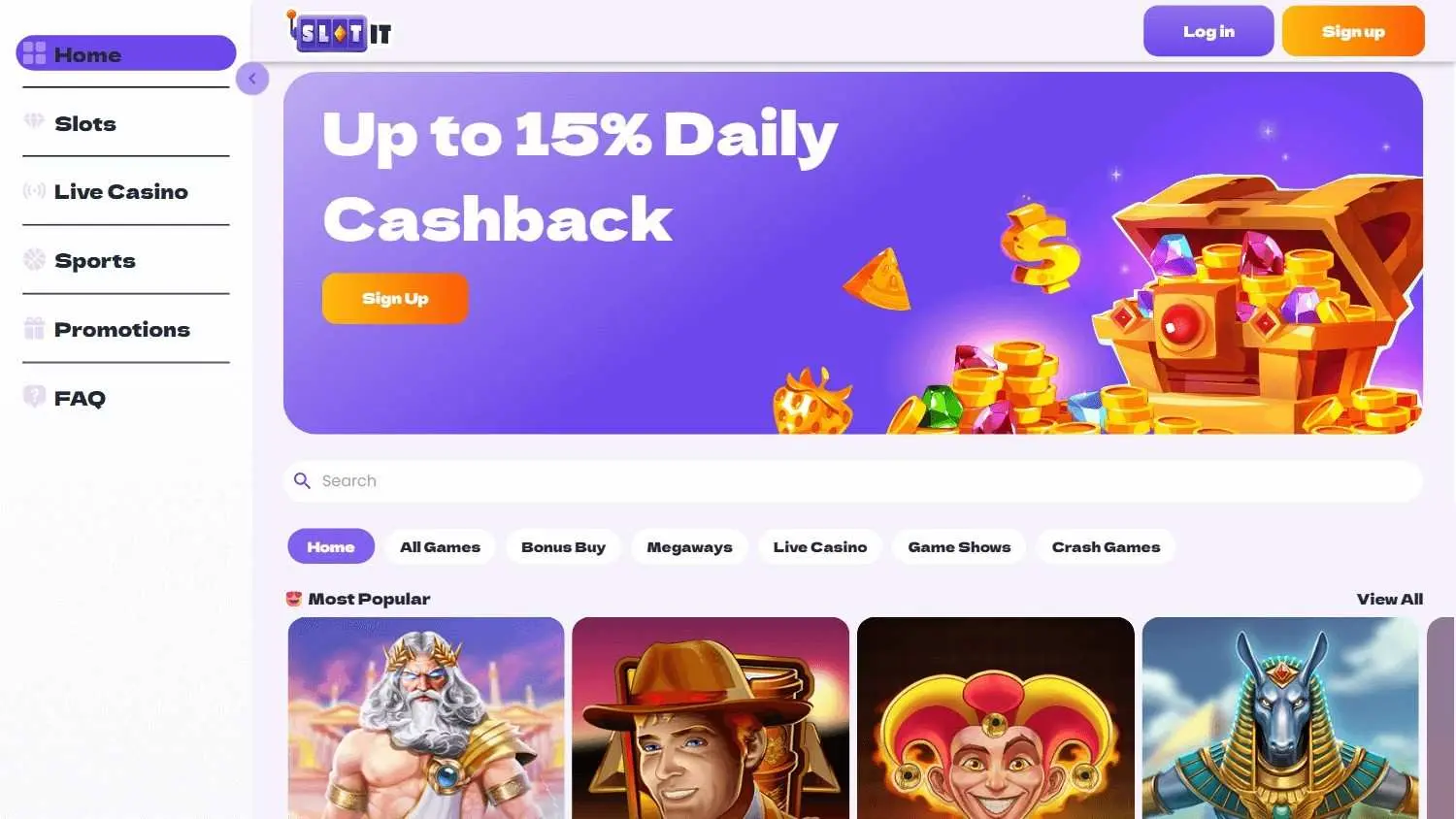 Slotit homepage showing its daily cashback offer and popular games
