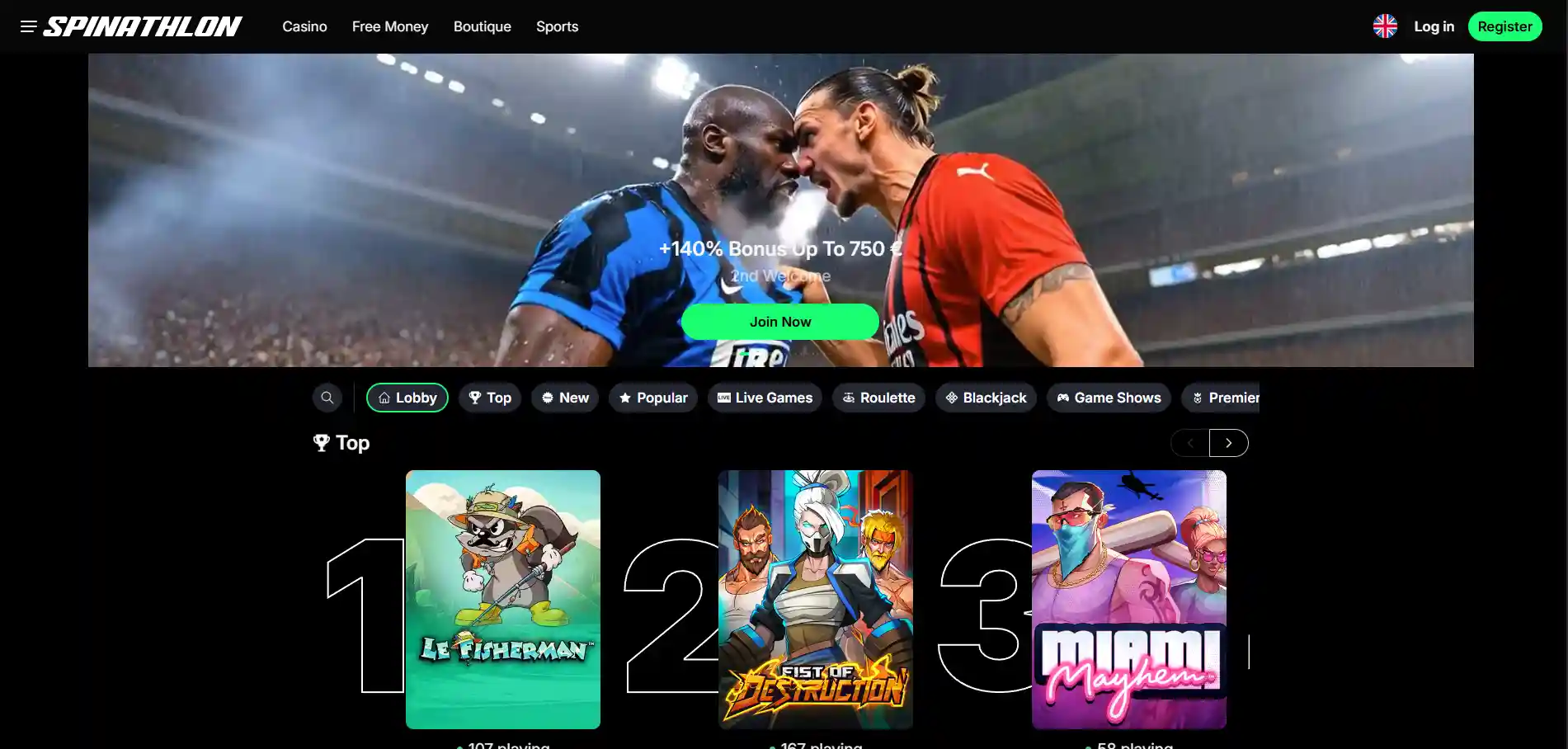 Spinathlon homepage showing its casino and sportsbook navigation