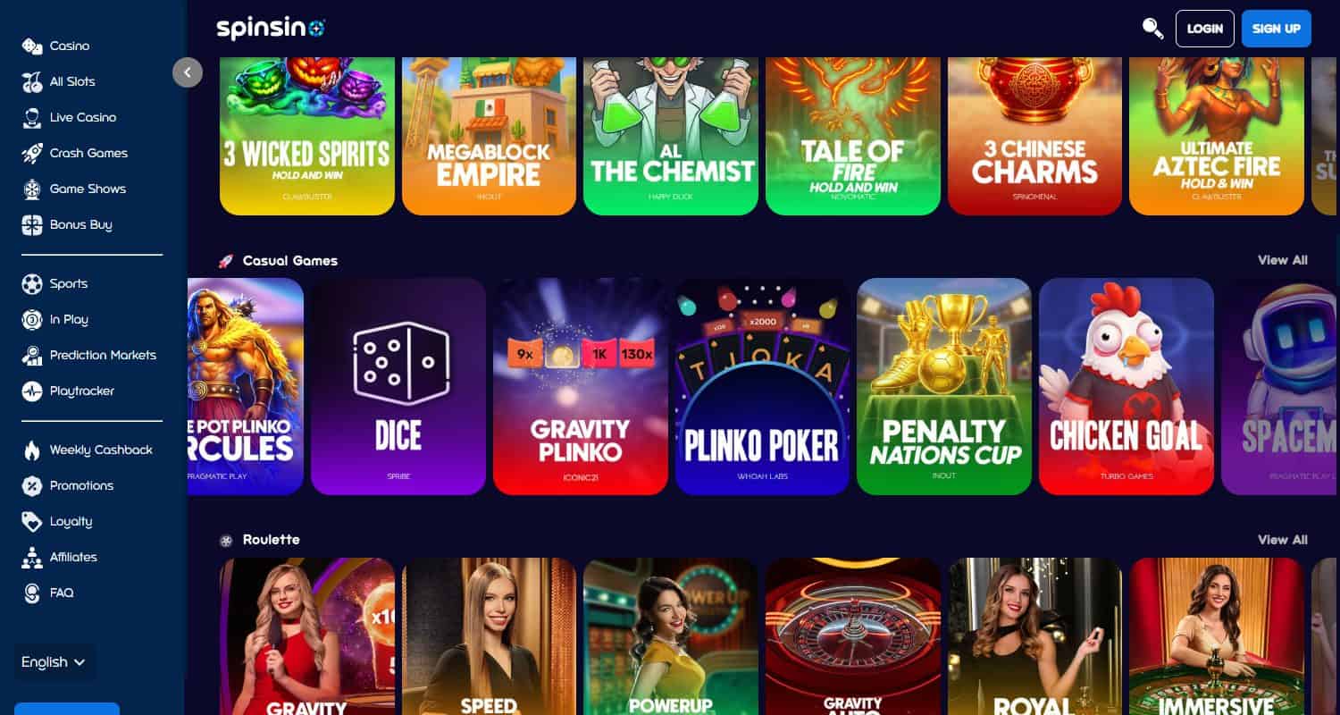 Spinsino homepage showing its casual games and roulette lobby