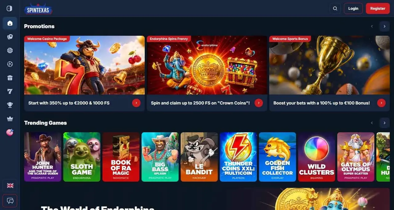 SpinTexas home page showing its welcome casino package and trending games