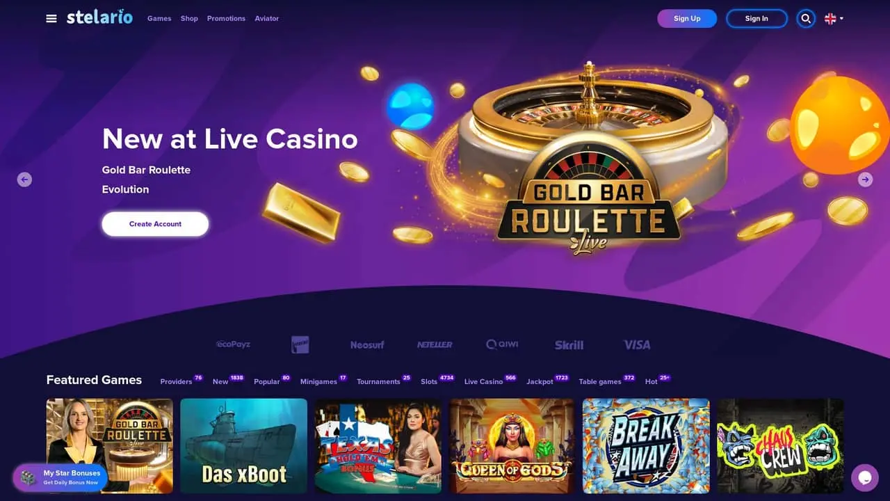 Stelario casino home page showing its live casino promotion and featured game categories
