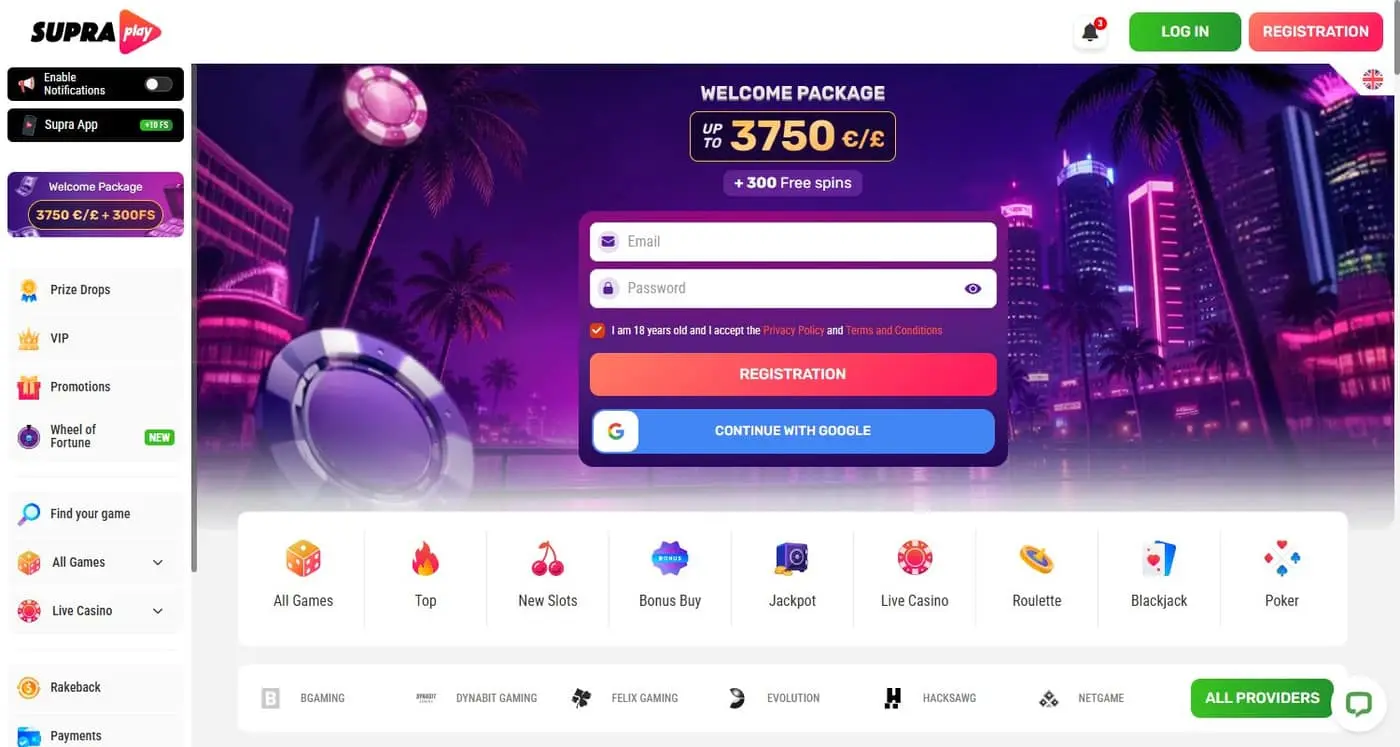 SupraPlay homepage showing its welcome package and registration form above the game categories
