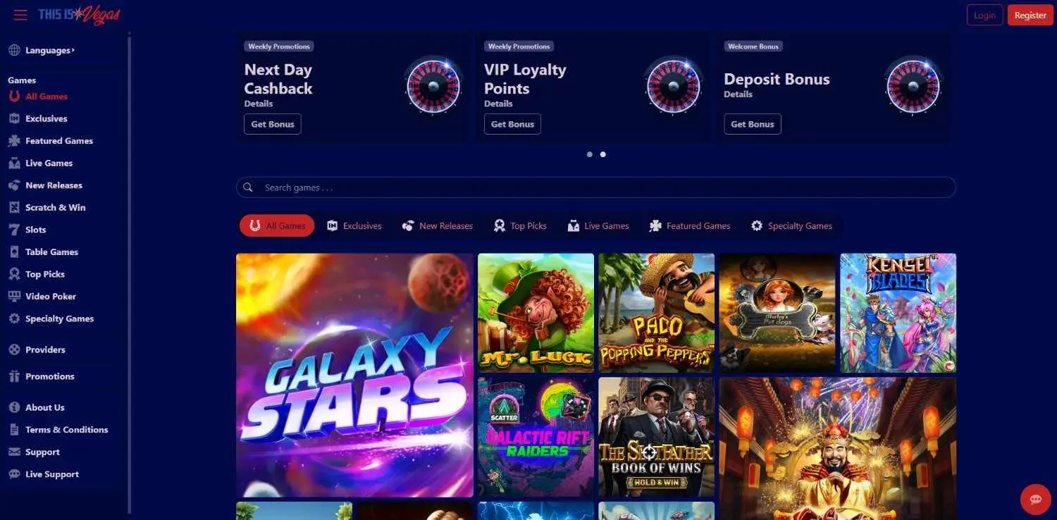 This Is Vegas homepage showing its lobby and promotions