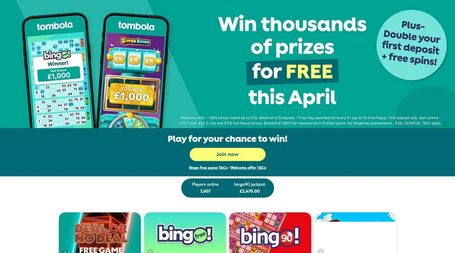 tombola homepage showing its UK games and promotions