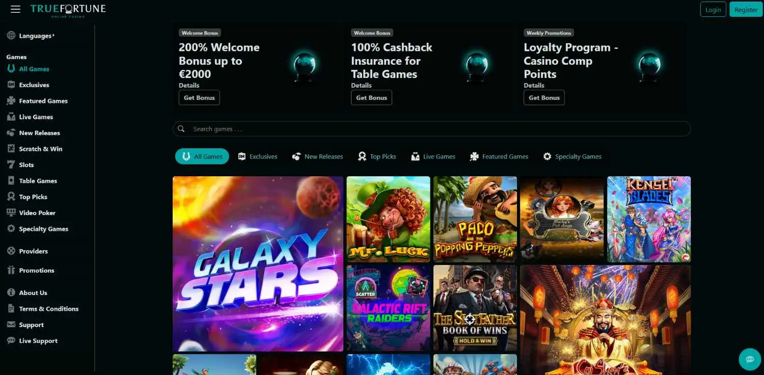 True Fortune homepage showing its 200% welcome bonus up to EUR 2,000 above the game lobby
