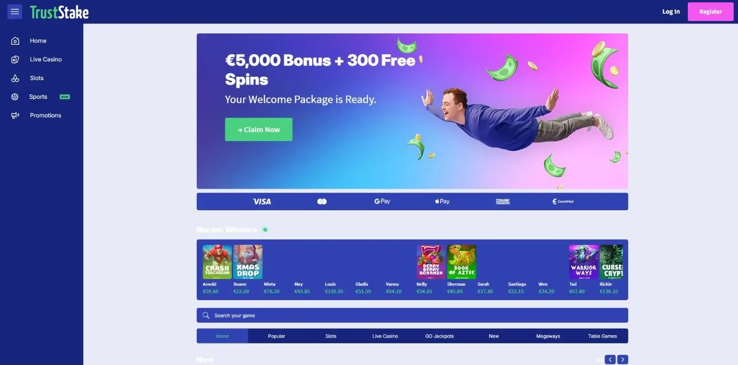 Truststake home page showing its welcome package and recent winners