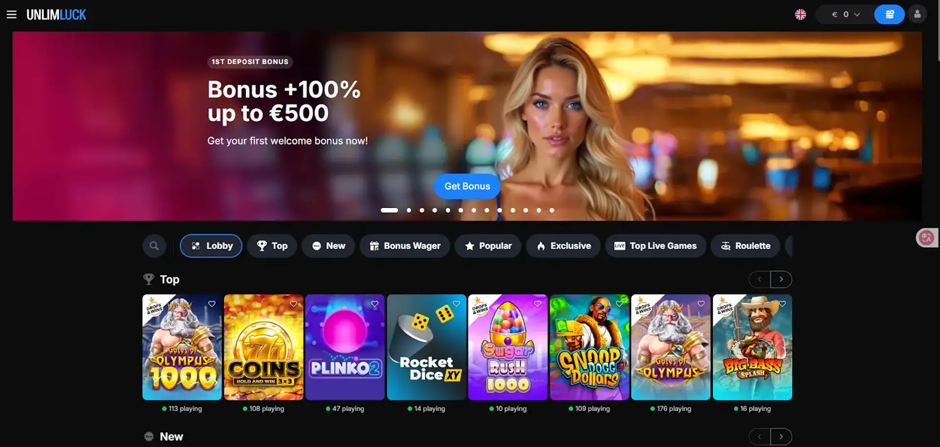 UnlimLuck homepage showing its slot lobby and deposit package