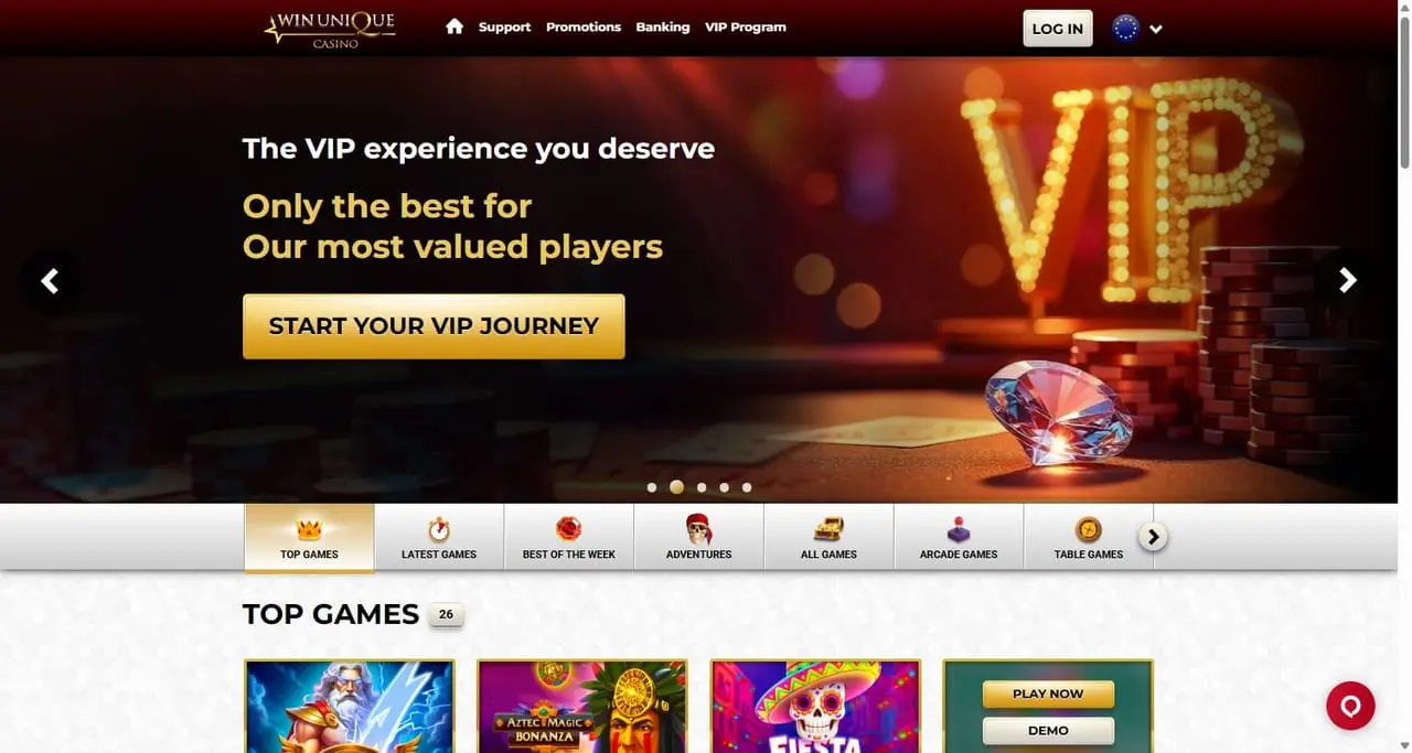 Win Unique homepage showing a VIP programme banner above its top games row