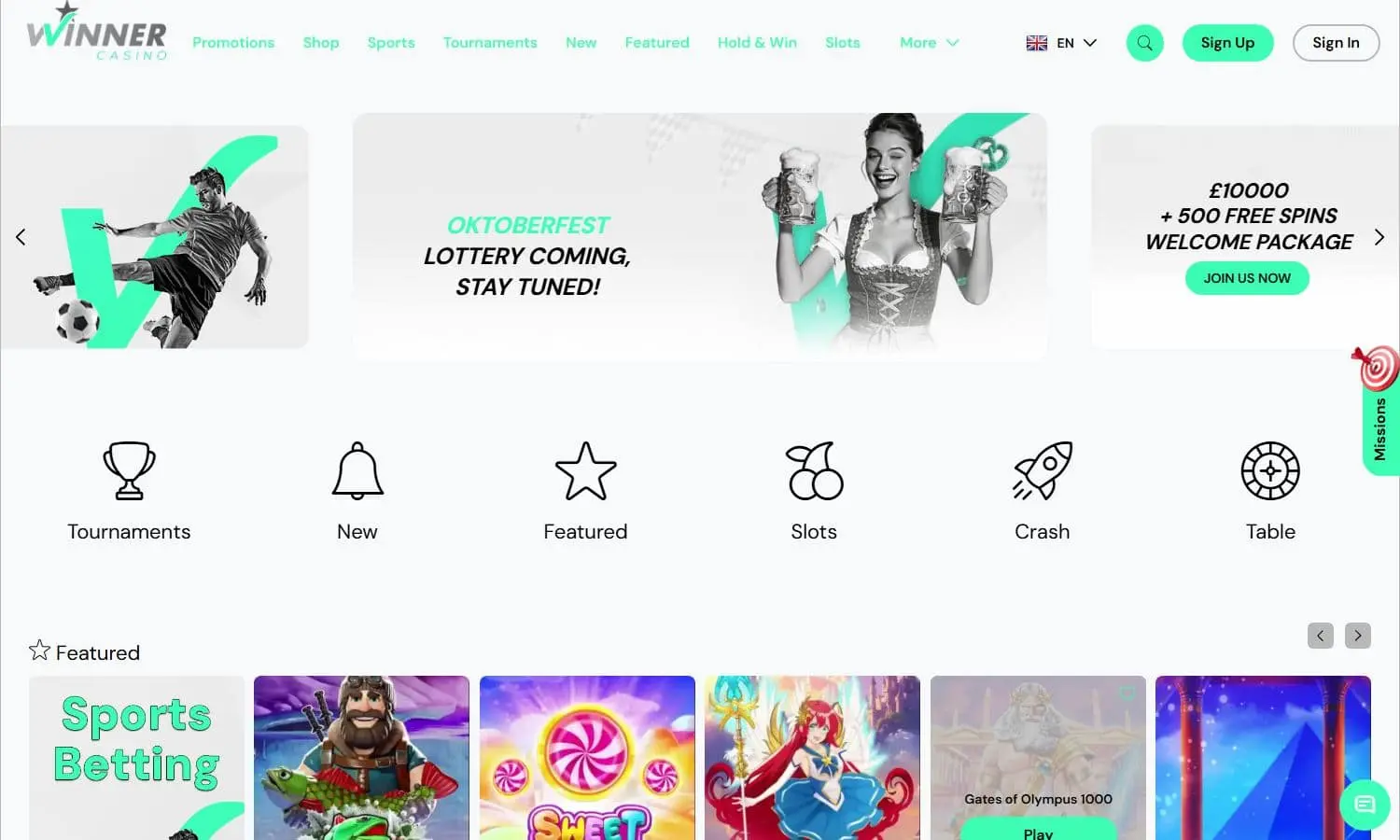 Winner Casino homepage